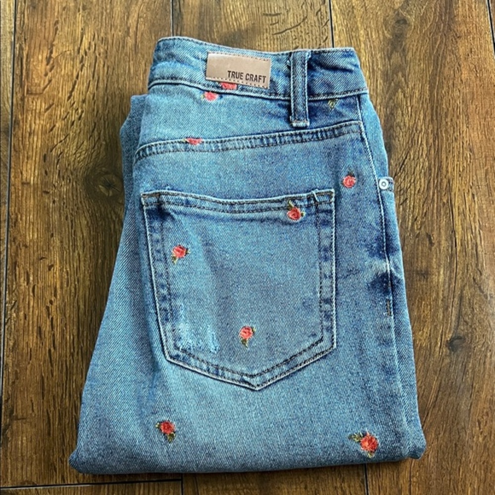 True Craft Denim with Red Floral Accents